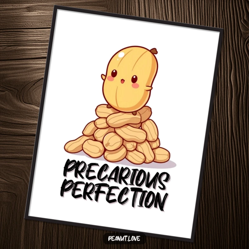 Funny digital art print of a bewildered peanut balancing on a wobbly stack of peanuts, for instant humorous decor.