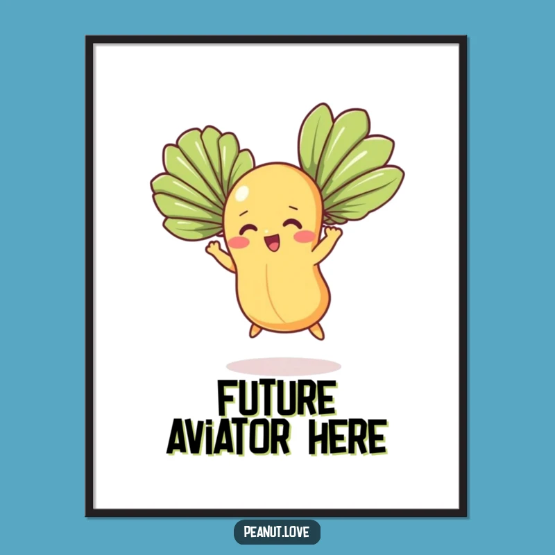 Funny Peanut's Epic Flight Digital Art, Determined Fan Leaf Creation, Humorous Wall Decor