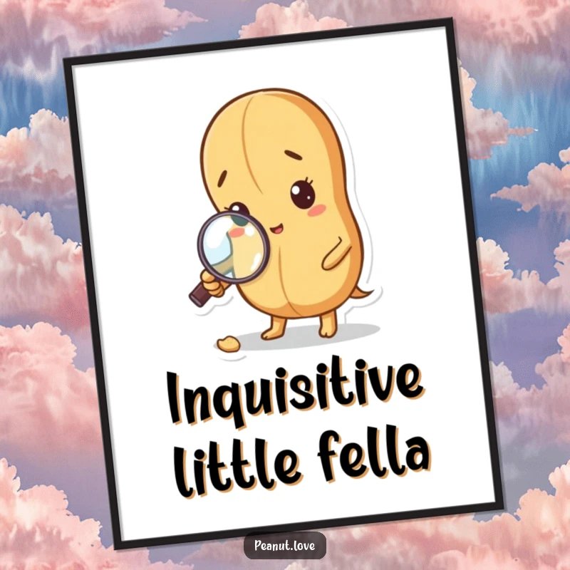 Funny Curious Peanut Digital Art Print: A peanut with a magnifying glass inspects a crumb. Instant detective decor, funny gift.