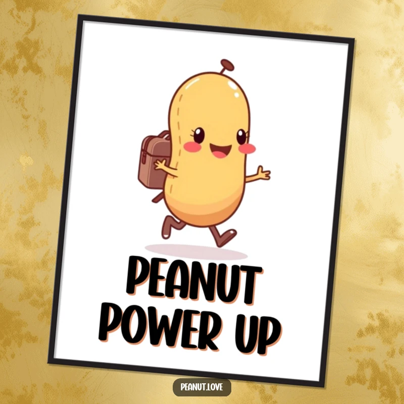 Funny anthropomorphic peanut character digital art print of a happy peanut joyfully skipping with a small backpack, ready for download.