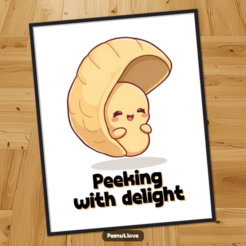 Funny digital art print of a shy peanut peeking from behind a large peanut shell, giggling, for instant humorous decor.