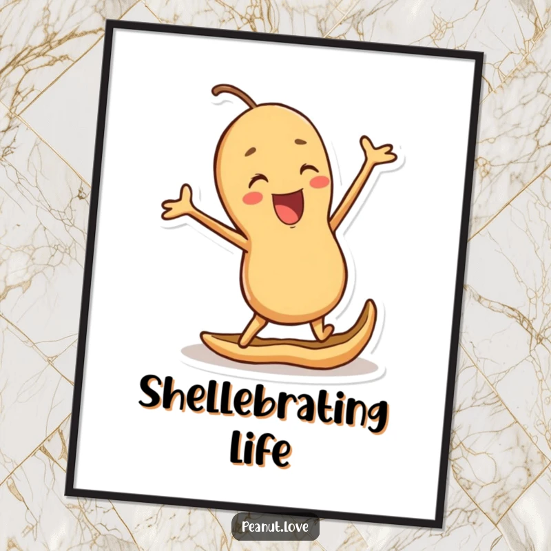 Funny digital art print of a joyful peanut character jumping excitedly in its shell, radiating nutty happiness and pure delight.
