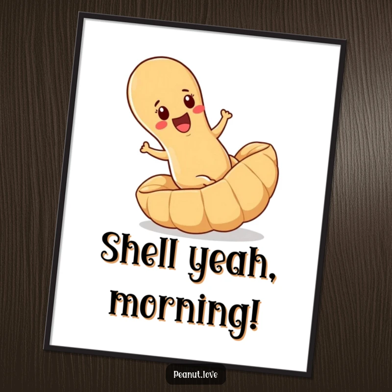 Funny digital art print of a determined peanut joyfully rolling downhill inside a giant peanut shell, vibrant and amusing.