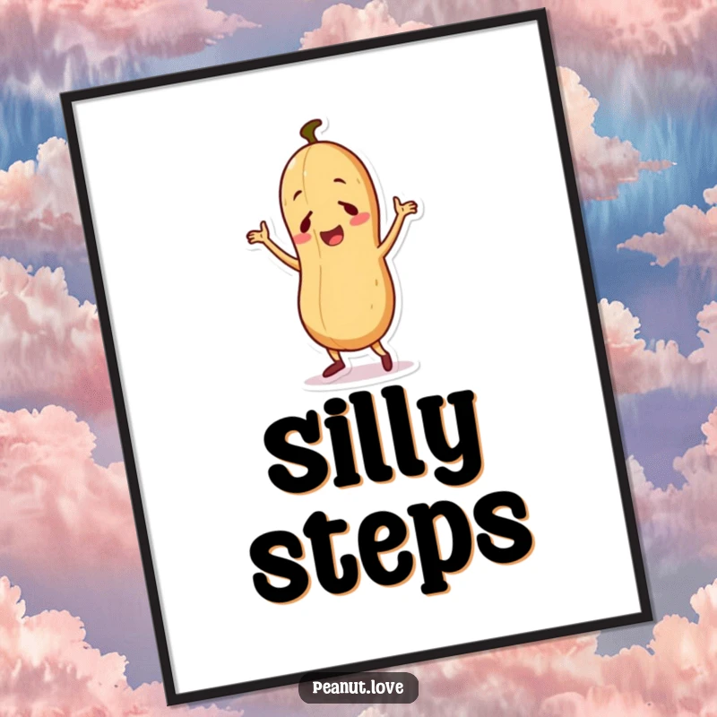 Funny digital art print of a cute peanut character performing a lively and silly dance, exuding vibrant energy.
