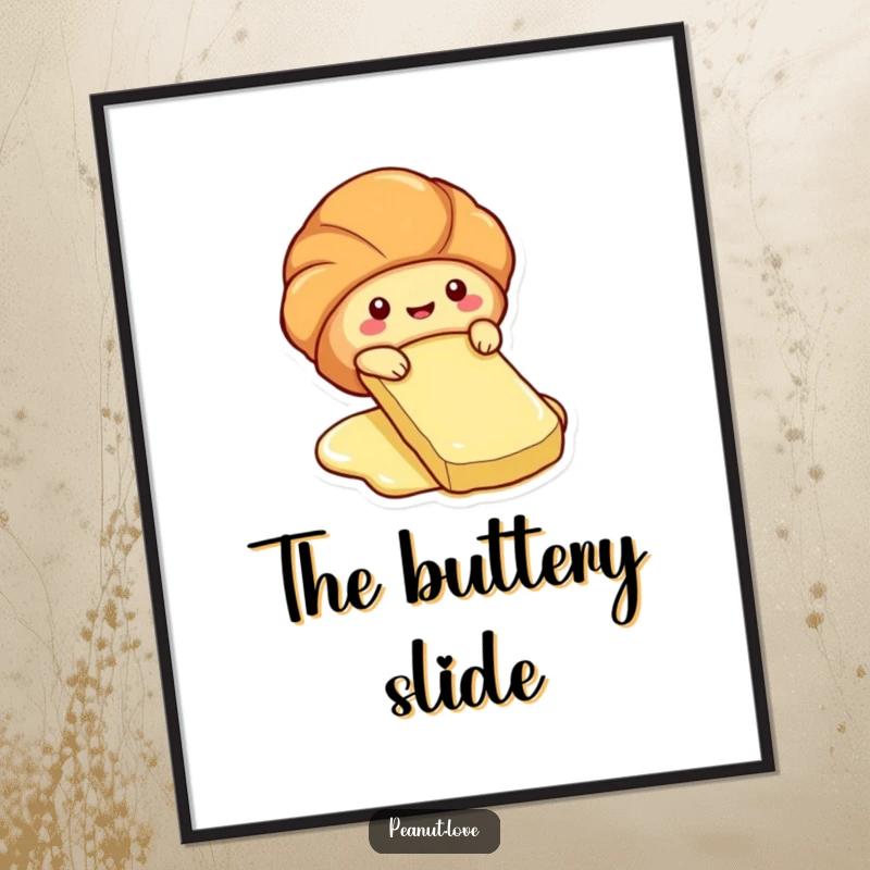 Funny digital art of a cute croissant character sliding down a butter pat like a slide.