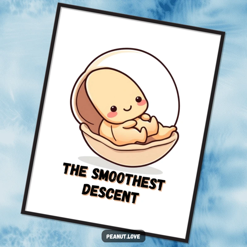 Funny digital art print of a kawaii peanut character playfully sliding down a smooth shell, offering instant playful wall decor; a gift.