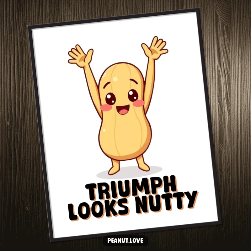 Funny digital art print of a peanut character with arms raised in a comical, triumphant, and celebratory pose.
