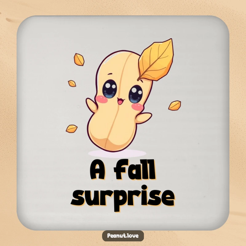 Funny kawaii peanut character drink coasters showing wide eyes surprised by a falling leaf, protecting surfaces with charm.