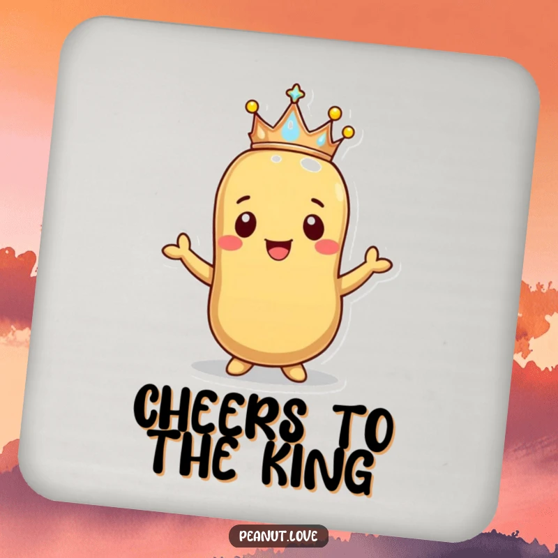 Funny Happy Peanut Crown Coaster: A smiling peanut offers a tiny sparkling crown. Regal protection, funny gift.