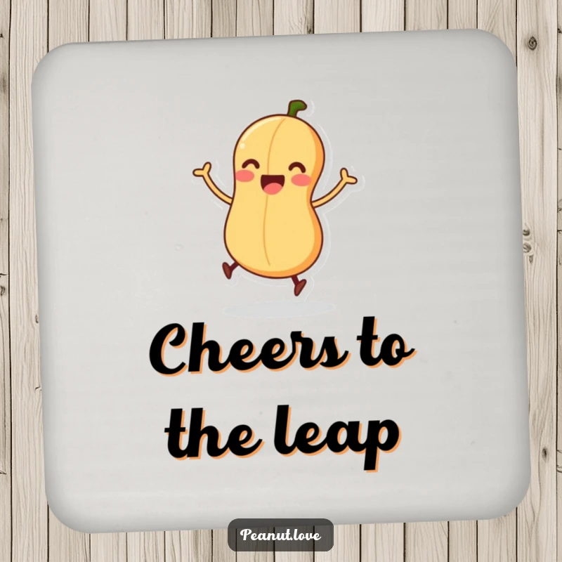 Funny drink coaster with an excited peanut character wiggling its legs, poised to jump.