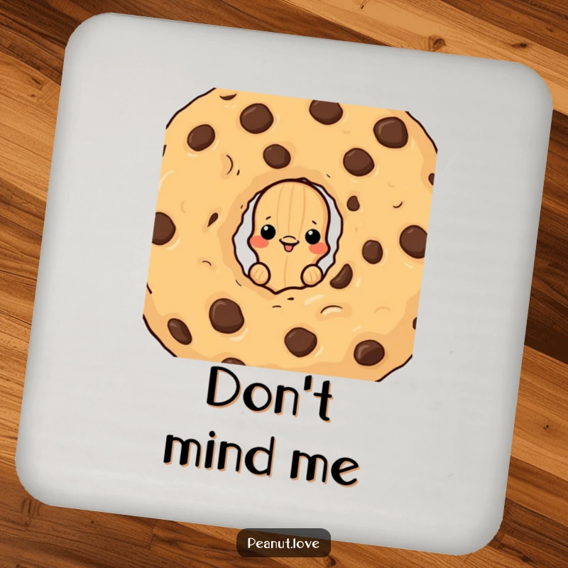 Funny coaster featuring a peanut character peeking from behind a chocolate chip cookie, a humorous and protective addition.