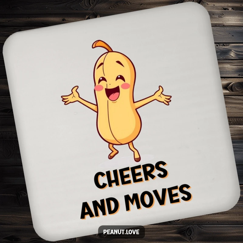 Funny peanut character doing a silly dance with exaggerated arm waves, depicted on protective drink coasters.