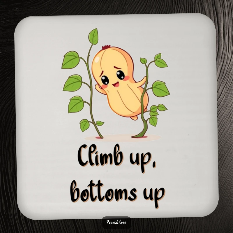 Funny determined peanut character drink coaster, depicted climbing a tiny vine with unwavering focus.