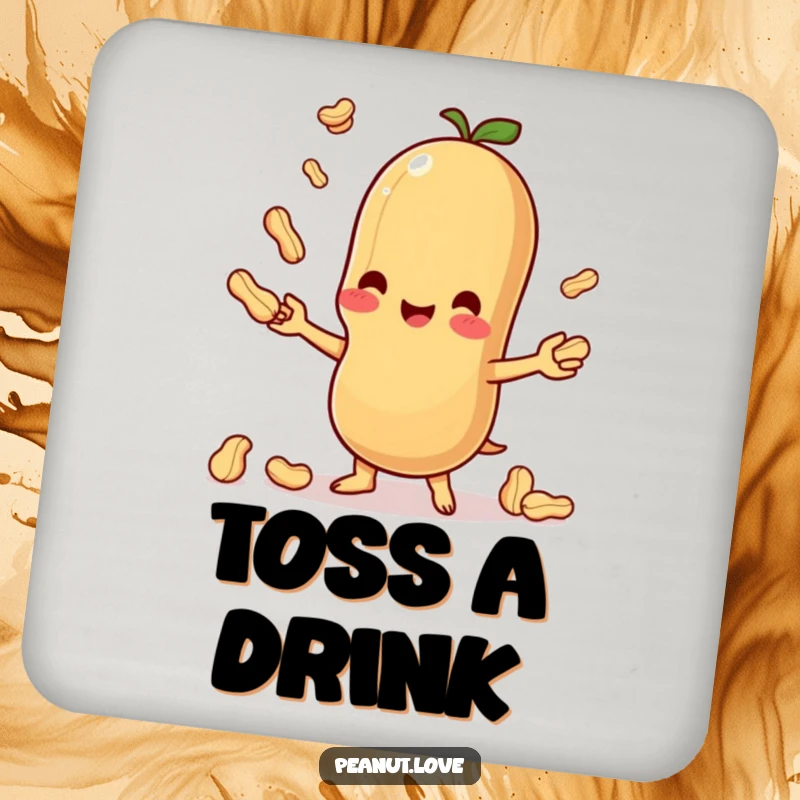 Funny coaster featuring a cute Kawaii peanut character juggling, adding a playful and protective touch to tables.