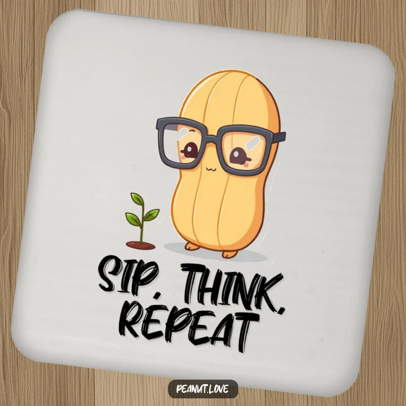Funny peanut character in glasses, thoughtfully looking at a plant sprout, humorous drink coaster.