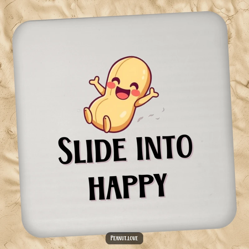 Funny drink coaster featuring a gleeful peanut character sliding down a smooth surface, adding a touch of fun.