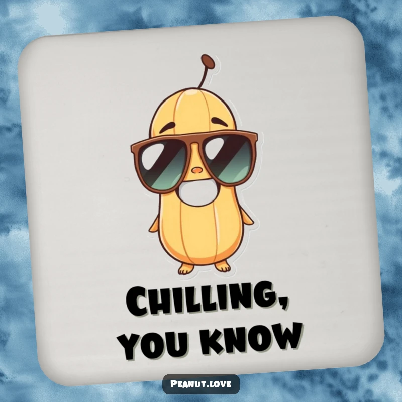 Funny peanut character wearing oversized sunglasses, smiling broadly, featured on protective drink coasters for tables.