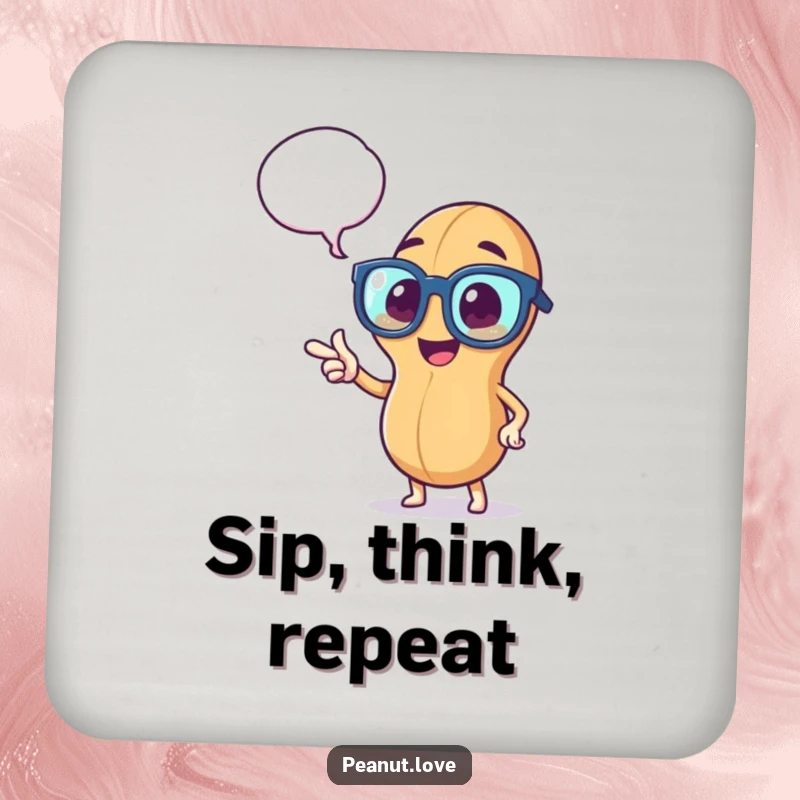 Funny drink coaster featuring a peppy peanut in oversized glasses, pointing at a thought bubble, offering humorous surface protection.