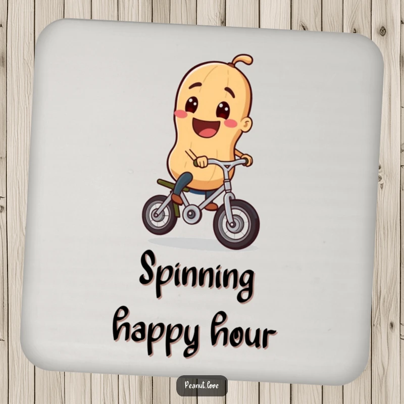 Funny drink coasters featuring a grinning peanut character riding a tiny unicycle, adding a humorous and balanced touch to any beverage.