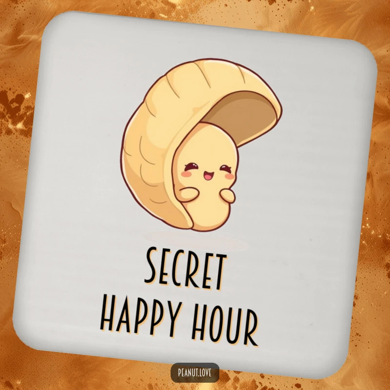 Funny drink coaster featuring a shy peanut peeking from behind a large peanut shell, giggling, for humorous surface protection.