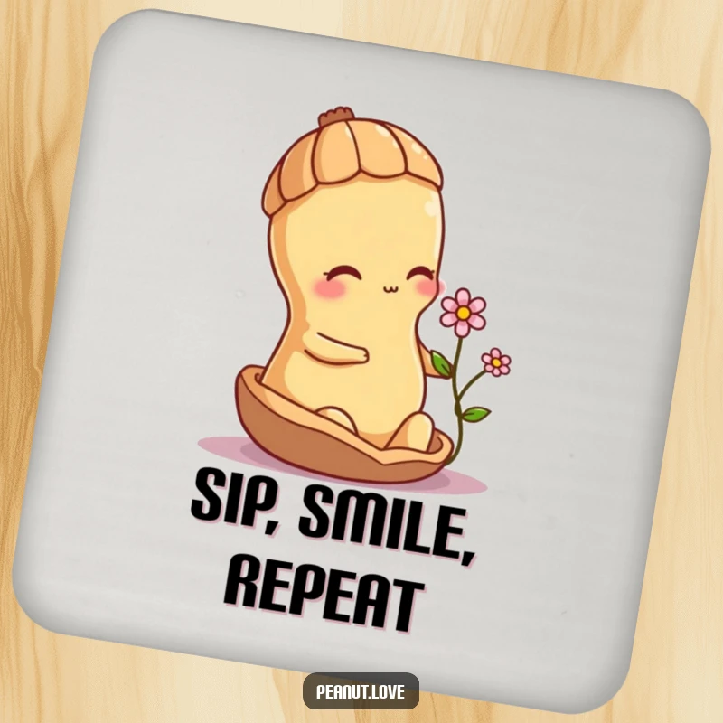 Funny shy peanut character offering a small flower from its shell, depicted on protective drink coasters.