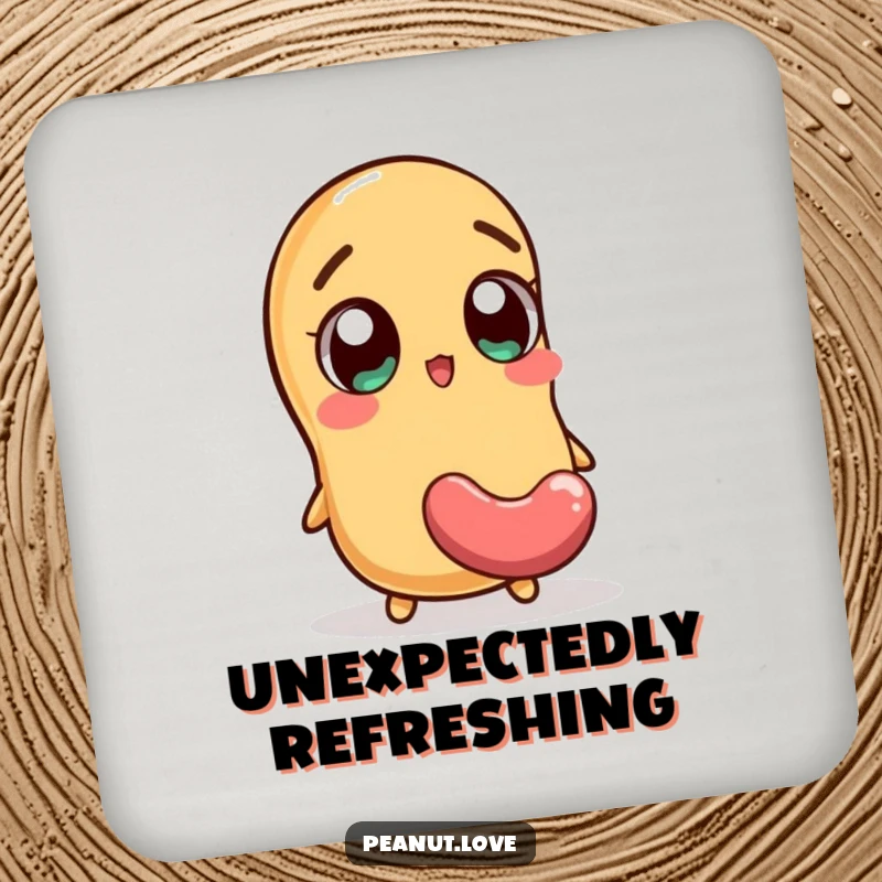 Funny coaster featuring a peanut character with wide, excited eyes and a falling jellybean, a humorous and protective addition.