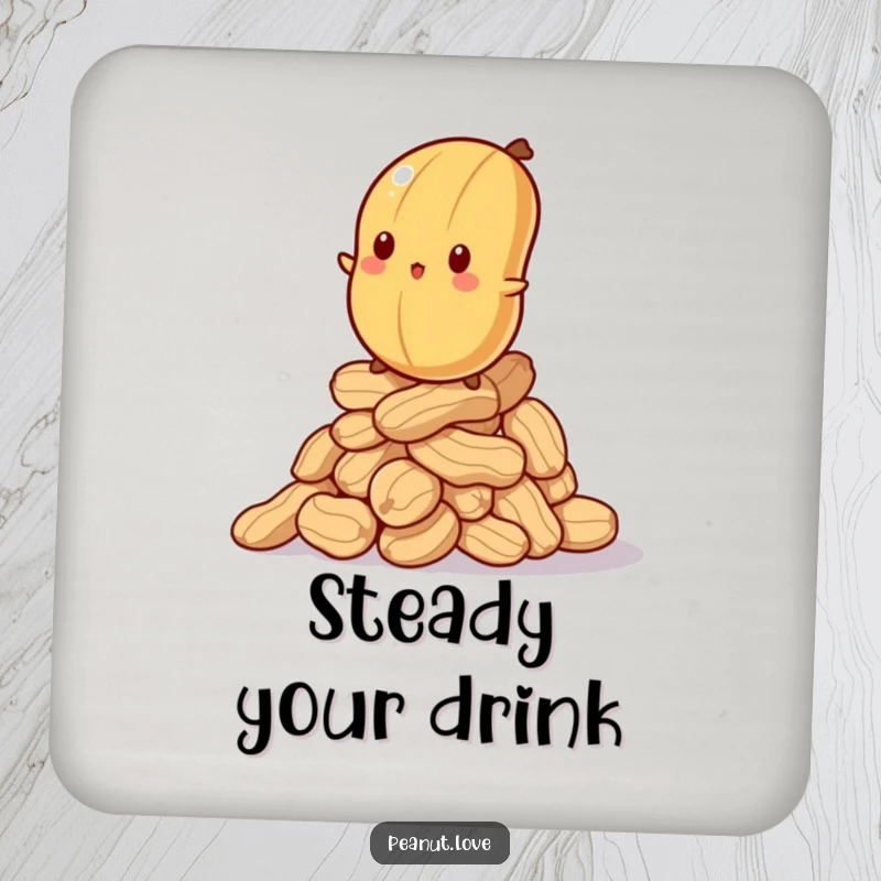 Funny drink coaster featuring a bewildered peanut balancing on a wobbly stack of peanuts, for humorous surface protection.