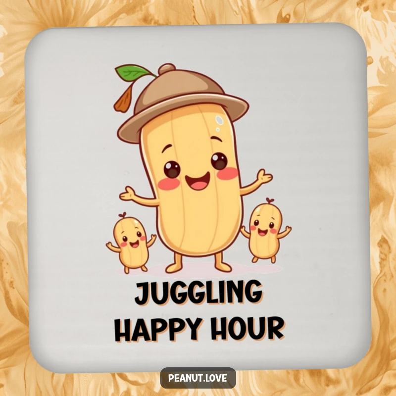 Funny drink coaster with a smiling peanut character juggling three smaller peanuts, adding charm to tables.
