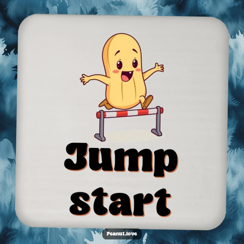 Funny drink coaster featuring an energetic peanut character leaping over a miniature hurdle, adding a splash of humor to any table.