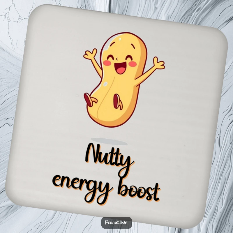 Funny drink coaster with a happy peanut character kicking its legs energetically, adding humor to any surface.