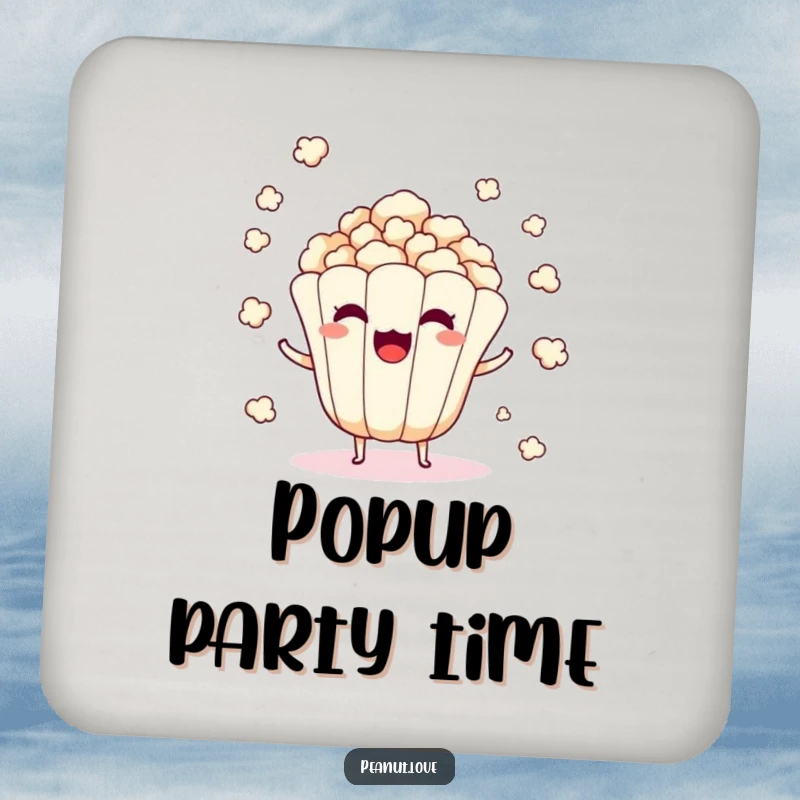 Funny coaster showing a surprised popcorn kernel character popping and scattering.