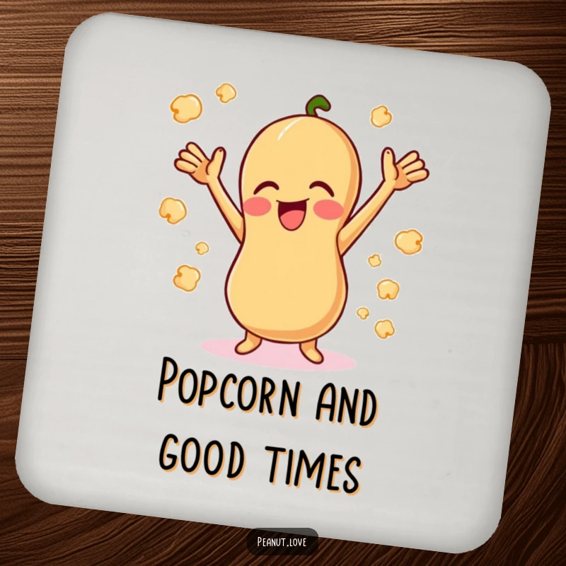 Funny Giggling Peanut Coaster: A happy peanut giggling with arms up, surrounded by popcorn. A fun and protective funny gift.