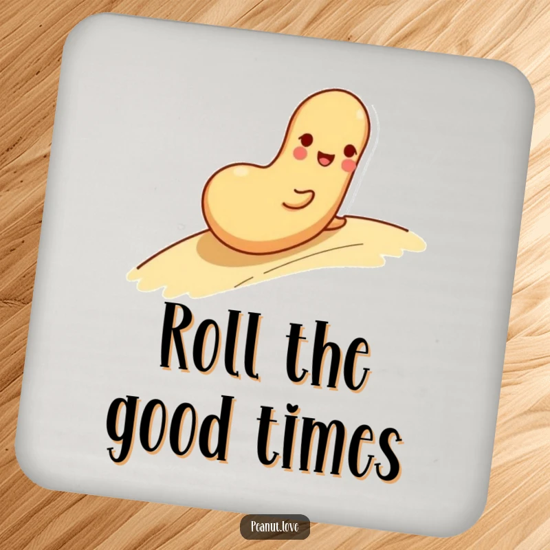 Funny drink coaster with a playful peanut character rolling down a gentle slope with a happy expression.