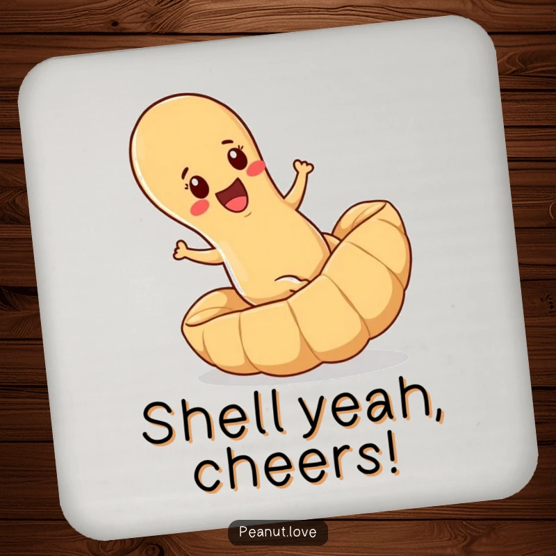 Funny drink coasters set with a determined peanut joyfully rolling downhill inside a large peanut shell, for table protection.