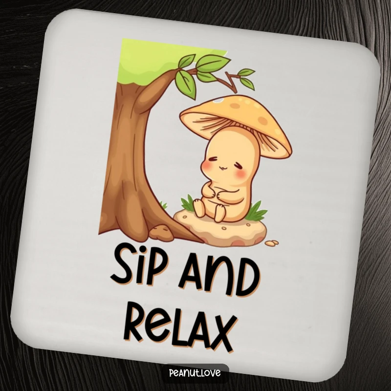 Funny coaster set featuring a content peanut character sitting peacefully under a mushroom, bringing humor and calm.