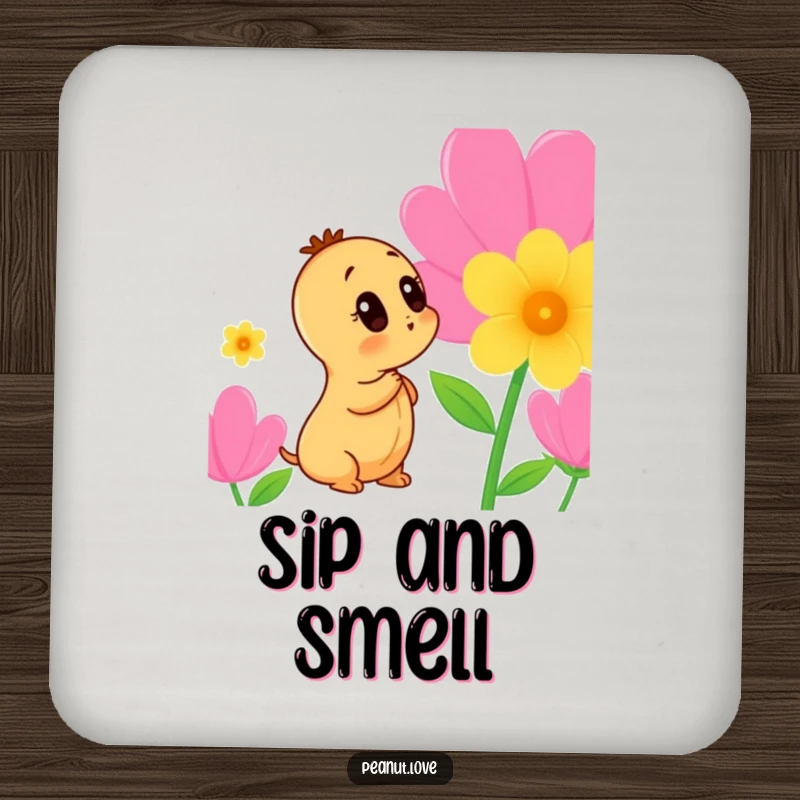 Funny Peanut Coaster: A curious peanut character is depicted sniffing a colorful flower, protecting your surfaces with interest.