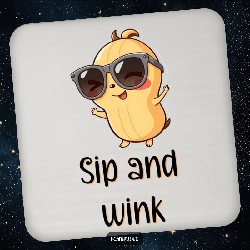 Funny playful peanut drink coasters with a winking character in large sunglasses, adding cool vibes to surfaces, a funny gift.