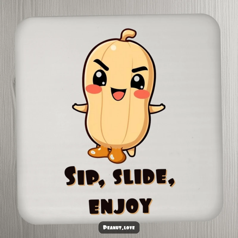 Funny Drink Coaster with a Peanut Character's Mischievous Grin Sliding Down a Caramel Swirl, Adding Sweet Adventure