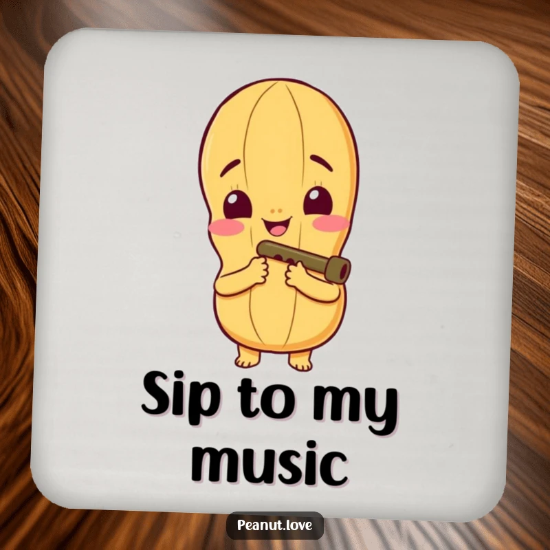 Funny Drink Coaster with a Peanut Character's Wide Smile Playing a Tiny Kazoo, Adding Musical Cheer