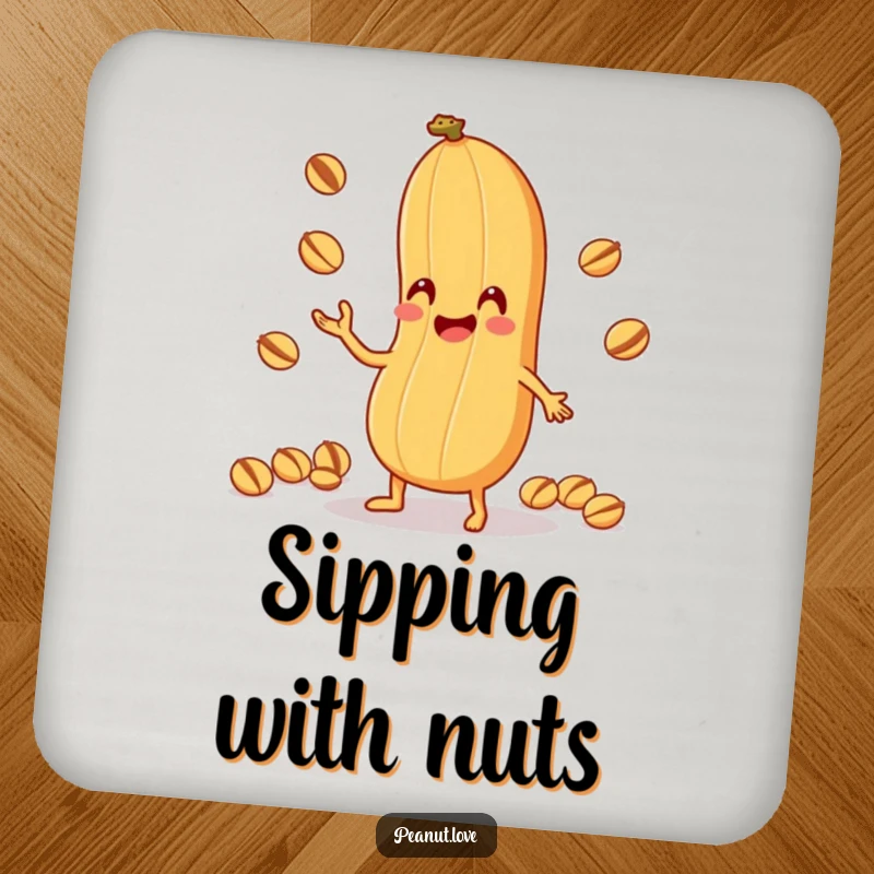 Funny Peanut Juggling Coaster: A protective coaster showcasing an anthropomorphic peanut character comically juggling tiny nuts with its shell, funny gift.