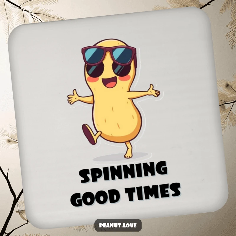 Funny drink coasters featuring a cool peanut doing a cartwheel while wearing sunglasses, adding a humorous and stylish touch to any beverage.