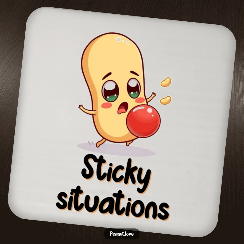 Funny surprised peanut drink coasters with a character comically dodging a jelly bean, protecting surfaces with humor, a funny gift.