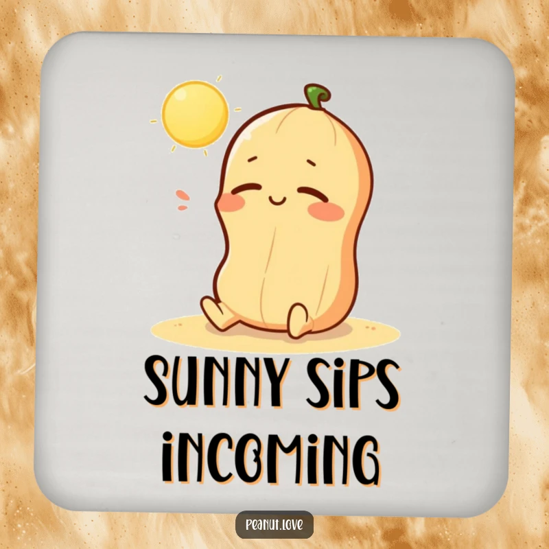 Funny coaster with a kawaii peanut character happily sunbathing, offering peaceful design for drink surfaces; a great gift.