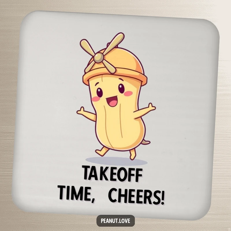Funny drink coaster with a peanut character wearing a propeller hat, humorously attempting to fly.