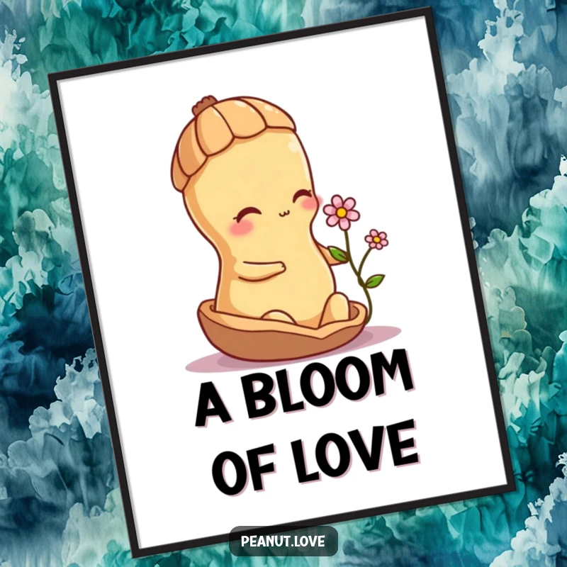 Funny shy peanut character bashfully offering a small flower from its shell, presented as delicate wall art.