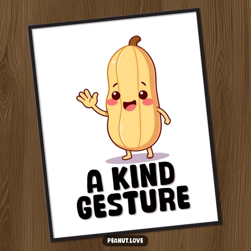 Funny Welcoming Peanut Poster: A peanut character waving hello and offering a leaf, symbolizing friendly greetings and nutty cheer.