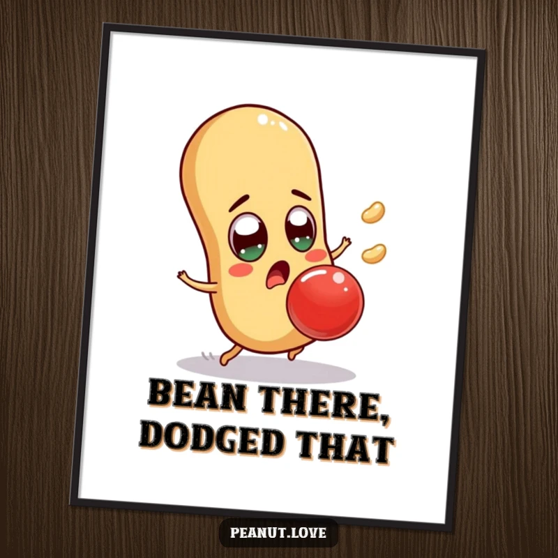 Funny surprised peanut poster art of a character wide-eyed, dodging a giant jelly bean, bringing whimsical humor, a funny gift.
