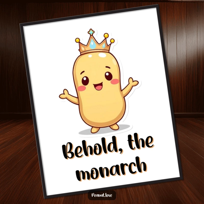 Funny Happy Peanut Crown Poster: A smiling peanut offers a tiny sparkling crown. Regal wall art, funny gift.