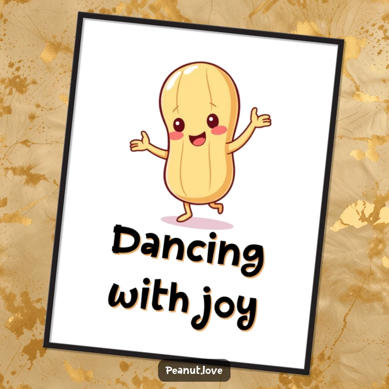 Funny Peanut Poster: Artwork depicting a giggling peanut character doing a happy dance with small, animated arms.
