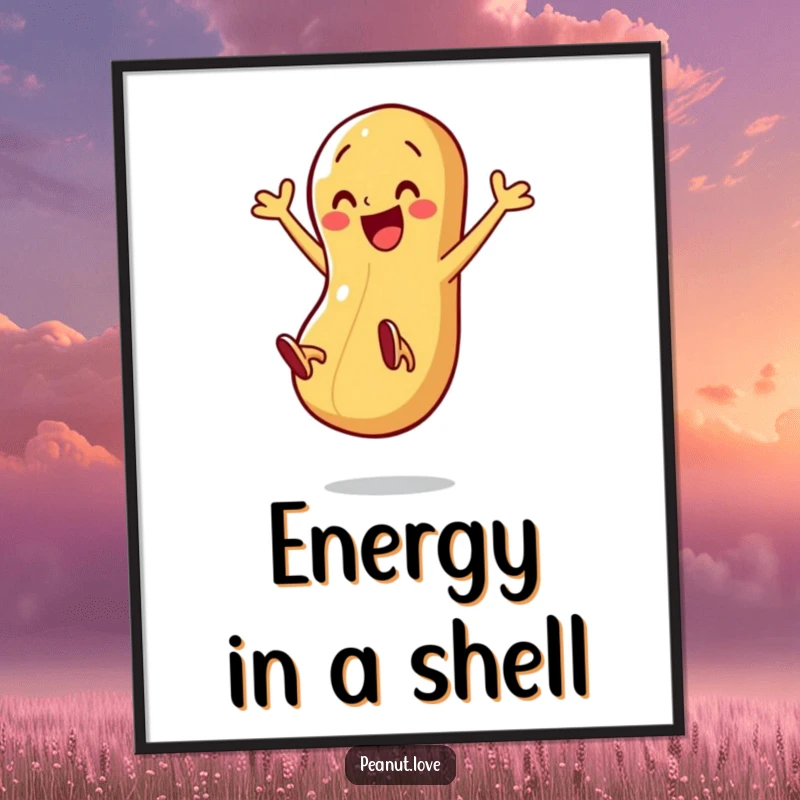 Funny poster displaying a happy peanut character kicking its legs exuberantly in mid-air, capturing a moment of pure joy.